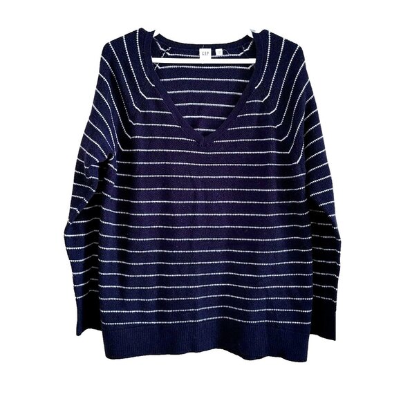 Gap Sweater  Women's V Neck Size XL Blue Striped Long Sleeve Nylon/Wool/Acrylic - Picture 1 of 4